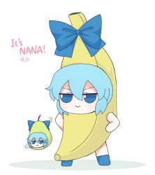Rule 34 | banana costume, blue bow, blue hair, bow, cirno, closed mouth, dounaga nuko, dress, english text, floating, food, food costume, fruit, fumo (doll), hair between eyes, hands on own hips, meme, pear, pearto, sacknana (meme), short hair, simple background, touhou, white background