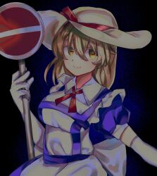Rule 34 | 1girl, apron, black background, blonde hair, blue background, blue suspenders, breasts, closed mouth, collared dress, commentary request, dress, happy, hat, hat ribbon, highres, kana anaberal, medium breasts, medium hair, neck ribbon, no symbol, puffy short sleeves, puffy sleeves, red ribbon, ribbon, road sign, short sleeves, sign, smile, sun hat, touhou, touhou (pc-98), white apron, white hat, yellow eyes, yuuki (yuk)