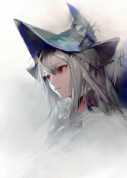 1girl arknights blue_hat closed_mouth grey_background grey_hair hat highres long_hair portrait red_eyes simple_background skadi_(arknights) skadi_the_corrupting_heart_(arknights) solo yyb