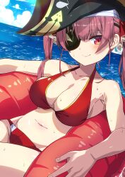 1girl absurdres bikini blue_sky blush breasts cleavage closed_mouth cloud collarbone day eyepatch for-somebody hat highres hololive houshou_marine houshou_marine_(summer) innertube large_breasts long_hair looking_at_viewer navel outdoors pirate_hat red_bikini red_eyes red_hair sky smile solo stomach swim_ring swimsuit twintails virtual_youtuber water