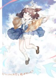 1girl ;d absurdres antenna_hair ascot bloomers blue_dress border bow brown_capelet brown_hair brown_shoes capelet collared_dress commentary_request dress flutterpage full_body green_eyes hair_bow hair_ribbon highres ic_(iccccccccc81) kneehighs loafers looking_at_viewer medium_hair one_eye_closed one_side_up open_mouth orange_ribbon outstretched_arms print_socks reverse:1999 revision ribbon shoes smile socks solo spread_arms translation_request underwear white_ascot white_bloomers white_border white_bow white_socks
