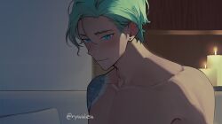 1boy backlighting candle collarbone couch cove_holden earrings green_eyes green_hair jewelry looking_at_viewer male_focus no_shirt on_couch our_life:_beginnings_and_always pectorals ryuuieu smile solo stray_hair stud_earrings swept_bangs tattoo tattoo_sleeve upper_body