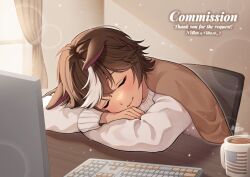 1girl american_flag american_flag_print animal_ears brown_hair chair closed_eyes closed_mouth coffee coffee_mug commission computer_keyboard cup curtains flag_print highres horse_ears horse_girl long_sleeves mug multicolored_hair niro_(niro26) short_hair skeb_commission sleeping solo streaked_hair sweater tomoe_umari twitter_username v-dere virtual_youtuber white_hair white_sweater
