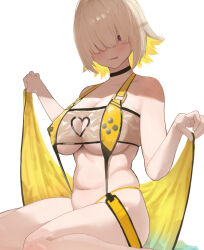 Rule 34 | 1girl, :p, absurdres, belly, black choker, blonde hair, breasts, choker, clothing cutout, curvy, elegg (boom and shock) (nikke), elegg (nikke), goddess of victory: nikke, hair over one eye, heart cutout, highres, holding, holding towel, large breasts, mochimochi peparonipi, navel, purple eyes, short hair, simple background, sitting, slingshot swimsuit, solo, stomach, suspenders, swimsuit, thighs, tongue, tongue out, towel, wariza, white background, yellow slingshot swimsuit