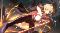 1girl absurdres arm_strap black_gloves black_jacket black_pants blonde_hair breasts commentary_request evelyn_chevalier fire gloves high-waist_pants highres jacket jacket_on_shoulders large_breasts looking_at_viewer pants parted_lips purple_eyes shirt shirt_tucked_in short_hair solo tight_clothes tight_pants white_shirt yuyiosang zenless_zone_zero