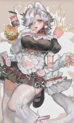1girl :d absurdres animal_ears animal_hands apron artist_name black_dress black_footwear blush breasts burger cat_ears cat_girl cat_tail cleavage cola collar commission diurtion dress drinking_straw earrings fang fangs fingerless_gloves food french_fries frilled_apron frills gloves grey_hair highres jewelry large_breasts looking_at_viewer maid open_mouth original pink_eyes puffy_short_sleeves puffy_sleeves red_eyes ribbon short_hair short_sleeves smile solo standing standing_on_one_leg tail tail_ornament thighhighs thighs watermark white_apron white_hair white_thighhighs