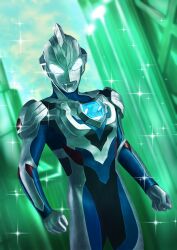 Rule 34 | 1boy, absurdres, alien, armor, black skin, blue skin, breastplate, clenched hands, color timer, colored skin, commentary, compound eyes, cowboy shot, dorsal fin, dutch angle, glowing, glowing eyes, green background, green sky, highres, land of light, looking down, male focus, multicolored skin, pectorals, red skin, shoulder armor, shoulder pads, silver skin, sky, solo, sparkle, sparkling aura, standing, tachibana satsuki (artist), tokusatsu, toned, toned male, tower, ultra series, ultraman z, ultraman z (original), ultraman z (series), white eyes