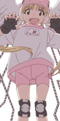 1girl alien alien_nine aonori_misuji bike_shorts blonde_hair fingerless_gloves gloves gym_shorts helmet knee_pads long_hair looking_at_viewer open_mouth pink_shorts shorts smile solo tomine_kasumi twintails winged_helmet
