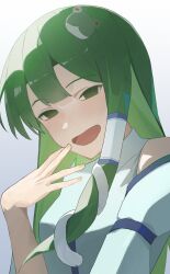 1girl absurdres bare_shoulders collared_shirt detached_sleeves double-parted_bangs empty_eyes frog_hair_ornament green_eyes green_hair hair_ornament hair_tubes hand_on_own_face highres kochiya_sanae light_blush long_hair long_sleeves open_mouth palulap shirt single_hair_tube single_sidelock sleeve_ribbon sleeveless sleeveless_shirt snake_hair_ornament solo touhou upper_body white_background wide_sleeves