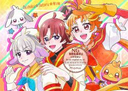 3boys animal beret bird black_hat black_shirt blue_bow blue_bowtie bow bowtie brown_hair buttons closed_mouth collared_shirt cowboy_shot daifuku_(precure) drop_shadow dual_persona earrings eyelashes eyes_visible_through_hair fingernails flower frilled_sleeves frills gloves gradient_background hair_between_eyes hair_ears hand_on_own_head hands_on_another&#039;s_shoulders happy hat hat_bow head_only highres hirogaru_sky!_precure jacket jewelry layered_sleeves light_blush long_hair long_sleeves low_ponytail magical_boy male_focus mini_hat mini_top_hat momo02634 multicolored_buttons multiple_boys multiple_earrings open_mouth orange_background orange_hair orange_jacket orange_sailor_collar orange_shorts orange_sleeve_cuffs orange_vest parted_bangs parted_lips pink_background pink_bow pink_eyes pointing pointing_at_self ponytail precure puffy_short_sleeves puffy_sleeves rabbit red_arm_warmers red_eyes rose sailor_collar shirt short_hair short_sleeves shorts sleeve_cuffs smile sparkle sphere_earrings star_(symbol) swept_bangs teeth top_hat toyama_daifuku toyama_satoru turtleneck turtleneck_shirt upper_body upper_teeth_only very_long_hair vest white_flower white_gloves white_hat white_rose white_shirt wonderful_precure! yellow_background yellow_gloves yellow_sailor_collar yuunagi_tsubasa yuunagi_tsubasa_(bird)