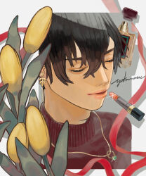 1boy adam&#039;s_apple black_hair bottle closed_eyes cosmetics earrings eyelashes flower hair_between_eyes jewelry lipstick makeup necklace original perfume_bottle pink_lips red_ribbon ribbon ring solo sparkle tulip turtleneck yksm_ktn