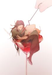1boy artistguillotine black_hair black_pants black_shirt black_shoes blood chinese_commentary closed_eyes closed_mouth cocktail_glass commentary_request crossed_arms cup drinking_glass getou_suguru highres in_container in_cup jujutsu_kaisen light_particles long_hair male_focus pants shirt shoes short_sleeves sitting solo_focus spoon white_background