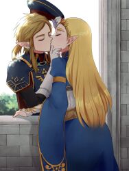 1boy 1girl beret blonde_hair blue_dress brick_wall closed_eyes couple dress earrings gloves gold_trim hand_on_another&#039;s_cheek hand_on_another&#039;s_face hat hat_tip hetero highres jewelry kiss link long_hair low_ponytail medium_hair military_hat military_uniform nintendo pointy_ears ponytail princess_zelda royal_guard_set_(zelda) sidelocks teraichigo the_legend_of_zelda the_legend_of_zelda:_breath_of_the_wild thick_eyebrows tiara white_gloves wide_sleeves window