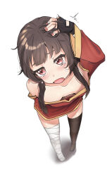 Rule 34 | 1girl, arm up, asymmetrical legwear, bandaged leg, bandages, bare shoulders, black gloves, black thighhighs, blush, breasts, brown hair, cleavage, collarbone, crying, dot nose, downblouse, dress, eyebrows hidden by hair, fang, female focus, fingerless gloves, fingernails, from above, full body, gloves, hand on own head, highres, kono subarashii sekai ni shukufuku wo!, long sleeves, looking at viewer, looking up, meemz a, megumin, nail polish, off shoulder, open mouth, petite, red dress, red eyes, red nails, sand, short hair with long locks, simple background, small breasts, solo, standing, tears, thighhighs, two-tone dress, white background, yellow dress