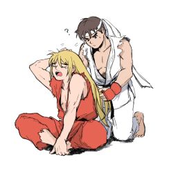 Rule 34 | 2boys, ?, arm behind head, arm up, bare pectorals, bare shoulders, barefoot, blonde hair, brown eyes, brown hair, collarbone, commentary request, dougi, forked eyebrows, headband, highres, indian style, ken masters, kneeling, long hair, male focus, mista0930, multiple boys, open mouth, pants, pectorals, red dougi, red pants, ryu (street fighter), short hair, simple background, sitting, sleeveless, small sweatdrop, street fighter, street fighter zero (series), sweat, teeth, tongue, torn clothes, torn sleeves, tying another&#039;s hair, very long hair, white background, white headband, white pants, yawning
