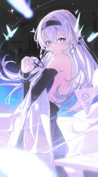 1girl absurdres black_dress black_hairband black_sleeves closed_mouth dress firefly_(honkai:_star_rail) firefly_(on_the_journey)_(honkai:_star_rail) green_pupils grey_hair hair_between_eyes hair_intakes hair_ornament hairband highres holding holding_removed_eyewear honkai:_star_rail honkai_(series) long_hair long_sleeves multicolored_eyes shooting_star sleeveless sleeveless_turtleneck smile solo star_(symbol) sweater_under_dress turtleneck turtleneck_dress unworn_eyewear vespark