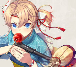 Rule 34 | 1girl, blonde girl (itou), blonde hair, blue eyes, blue kimono, blush, bow, candy apple, casing ejection, center axis relock stance, commentary, floral print, food, food in mouth, fox mask, grey background, gun, hair between eyes, hair bow, handgun, highres, holding, holding gun, holding weapon, itou (onsoku tassha), japanese clothes, kimono, looking at viewer, mask, mask on head, mouth hold, obi, original, ponytail, print kimono, sash, shell casing, short ponytail, side ponytail, simple background, smoke, smoking barrel, solo, suppressor, walther, walther ppk, watch, weapon, wide sleeves, wristwatch, yukata