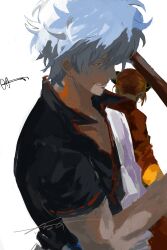 Rule 34 | 1boy, 1girl, absurdres, back, bun cover, closed mouth, commentary request, gintama, hair between eyes, high collar, highres, holding, imamuu (imamoon), japanese clothes, kagura (gintama), kimono, orange hair, profile, sakata gintoki, short hair, short sleeves, signature, simple background, smile, upper body, white background, white kimono