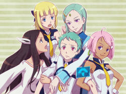 10s 1boy 4girls :3 aqua_hair arata_naru blonde_hair blue_eyes brown_hair colored_eyelashes dark_skin elena_peoples eureka_(eureka_seven) eureka_seven_(series) eureka_seven_ao fleur_blanc forehead_jewel fukai_ao girl_sandwich hug mike_(mee627mee) mother_and_son multiple_girls naru_arata pink_hair purple_eyes red_eyes sandwiched striped_background truth_(character) uniform