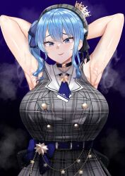 1girl alternate_breast_size armpits arms_up beret black_choker blue_eyes blue_hair blue_ribbon blush breasts choker crown hair_between_eyes hair_ribbon hat highres hololive hoshimachi_suisei hoshimachi_suisei_(1st_costume) huge_breasts long_hair looking_at_viewer medium_hair open_mouth plaid_clothes plaid_hat ribbon side_ponytail smile solo star_(symbol) star_choker star_in_eye symbol_in_eye tnolize virtual_youtuber