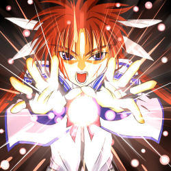 Rule 34 | 00s, 1girl, blood, bow, brown hair, energy ball, female focus, fingerless gloves, gloves, looking at viewer, lyrical nanoha, magic, magical girl, mahou shoujo lyrical nanoha, open mouth, purple eyes, red bow, red hair, setsugekka (ja nach), solo, takamachi nanoha, teeth, torn clothes, torn gloves, twintails, white devil