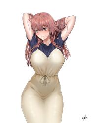 1girl alterzk arms_behind_head arms_up blue_shirt blush breasts closed_mouth commentary cowboy_shot dress embarrassed english_commentary expressionless hair_lift hands_in_own_hair highres inui_shinju large_breasts long_dress long_hair shirt shirt_under_dress signature simple_background sleeveless sleeveless_dress solo sono_bisque_doll_wa_koi_wo_suru standing waist_ribbon white_background white_dress