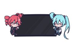 &gt;_&lt; 2girls absurdres aqua_hair black_shirt black_skirt chibi chibi_only commentary cott_(cott_5) drill_hair hatsune_miku highres kasane_teto kasane_teto_(utau) long_hair multiple_girls nintendo_switch red_eyes red_hair shirt simple_background skirt twin_drills twintails utau vocaloid white_background white_shirt