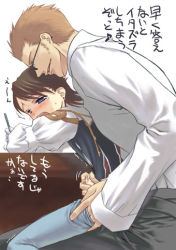 00s age_difference androgynous balflear blue_eyes blush bottomless brown_hair crossdressing desk final_fantasy final_fantasy_xii from_behind gender_request glansjob glasses handjob larsa_ferrinas_solidor looking_back lowres male_focus on_la open_mouth pen penis short_hair shota sitting tears undressing writing yaoi
