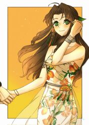 1boy 1girl aerith_gainsborough aerith_gainsborough_(citric_dress) ahoge armlet bare_shoulders border bracelet breasts brown_hair checkered_choker checkered_wristband closed_mouth cloud_strife cloud_strife_(maritime_sailor) dress earrings elbow_gloves final_fantasy final_fantasy_vii final_fantasy_vii_ever_crisis food-themed_earrings food_print food_themed_earrings fruit_print gloves green_eyes green_ribbon hair_ribbon half_updo hand_in_own_hair hetero highres holding_hands jewelry kayu0315 light_blush looking_at_viewer medium_breasts orange-shaped_earrings orange-shaped_ornament orange_background orange_print out_of_frame parted_bangs print_dress ribbon see-through_clothes see-through_skirt sidelocks skirt smile strapless strapless_dress upper_body wavy_hair white_border wristband