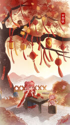 ! 1girl animal arms_on_table artist_request autumn black_skirt bound bow bowtie brown_eyes bush cape capelet cat chibi chinese_clothes chinese_commentary chinese_text closed_mouth clothed_animal commentary_request copyright_name dot_nose double_bun eyelashes fur-trimmed_cape fur-trimmed_sleeves fur_trim grass hair_bun hair_ribbon happy highres hood hood_up hooded_capelet lantern light_blush long_skirt long_sleeves looking_at_object momo_(nikki) mountainous_horizon nikki_(nikki) nikki_(series) no_pupils object_request official_art on_stool outdoors paper_lantern pink_hair pleated_skirt red_bow red_bowtie red_cape red_ribbon red_shirt ribbon second-party_source shining_nikki shirt short_hair sitting skirt sky smile sun sunrise table tassel tied_up_(nonsexual) traditional_bowtie translation_request tree v-shaped_eyebrows white_cat wide_sleeves yarn yellow_capelet yellow_sky