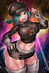 1girl belt black_hat breasts curvy fingerless_gloves gloves green_hair hand_on_own_hip hat highres looking_at_viewer nintendo open_mouth pokemon saiykik salute simple_background solo team_rocket team_rocket_grunt thick_thighs thigh_strap thighs wide_hips