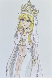 1girl blonde_hair blue_eyes closed_mouth cowboy_shot crown elicia_(luminous_arc_2) gold_crown long_hair long_sidelocks luminous_arc luminous_arc_2 m_tetra no_gloves own_hands_together praying robe sidelocks simple_background solo traditional_media veil white_background white_veil