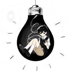 1boy antenna_hair black_hair black_shoes black_sweater_vest bright_pupils brown_shorts buttons character_name chinese_commentary closed_mouth collared_shirt commentary_request dot_nose double-parted_bangs full_body hair_behind_ear hair_between_eyes highres hrsw_mz kneehighs knees_together_feet_apart knees_up light_bulb loafers looking_at_viewer male_focus omori shirt shoes short_hair short_sleeves shorts sideways_glance simple_background sitting socks solo something_(omori) sunny_(omori) sweater_vest very_short_hair white_background white_pupils white_shirt white_socks