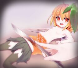 2girls ahoge amputation anit bisected blonde_hair cutting empty_eyes fairy fairy_wings flat_chest food fruit grass_skirt guro juice knife loli lying medium_hair multiple_girls no_nipples on_back open_mouth orange_(fruit) orange_eyes orange_juice original plant_on_head ryona tearing_up thighhighs topless_female vignetting wings