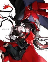 1boy 1girl belt black_cape black_jacket black_pants blush boots brother_and_sister brown_belt brown_hair cape chain closed_eyes closed_mouth collared_cape crest family_crest fate/grand_order fate_(series) feet_out_of_frame fiery_hair floating floating_cape floating_hair gloves gold_chain grey_gloves hair_between_eyes hand_on_another&#039;s_head highres jacket jodhpurs knee_boots knees_up long_hair long_sleeves looking_at_another low_ponytail medallion military_jacket military_uniform oda_nobukatsu_(fate) oda_nobunaga_(fate) oda_uri open_mouth pants ponytail popped_collar profile raised_eyebrow red_cape red_eyes red_jacket red_pants rotational_symmetry siblings sidelocks simple_background smile tearing_up twitter_username upside-down very_long_hair white_background xixing_chun