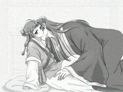 1boy 1girl blush closed_eyes greyscale hetero highres jinshi_(kusuriya_no_hitorigoto) kiss kissing_neck kusuriya_no_hitorigoto long_hair maomao_(kusuriya_no_hitorigoto) monochrome ran_(pixiv44170519) simple_background sweat sweatdrop white_background