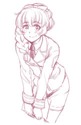 1girl blush blush_stickers bow braid cowboy_shot disembodied_blush female_focus full_metal_panic! hair_bow leaning_forward looking_at_viewer military military_uniform monochrome necktie notebook ponytail single_braid sketch skirt smile solo teletha_testarossa touge_hiro traditional_media white_background