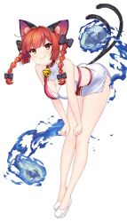 Rule 34 | 1girl, alternate costume, animal ears, black bow, bow, braid, breasts, cat ears, cat girl, cat tail, cleavage, cleavage cutout, closed eyes, clothing cutout, crop top, full body, hair bow, hands on own knees, hashtag-only commentary, hataraki kuma, heart cutout, highres, hitodama, kaenbyou rin, large breasts, red eyes, red hair, side braids, simple background, skull, solo, tail, touhou, twin braids, variant set, white background