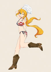 1girl american_flag american_flag_bikini american_flag_print bikini blonde_hair boots breasts chef_hat cleavage cowboy_boots flag_print flag_print_bikini full_body green_eyes halterneck hat highres long_hair looking_at_viewer medium_breasts monica_adenauer navel one_eye_closed print_bikini side-tie_bikini_bottom simple_background smile solo string_bikini swimsuit takaseeeeeeee tongue tongue_out twintails v yakitate!!_japan