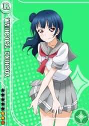 Rule 34 | 1girl, anime coloring, blue hair, blush, card (medium), closed mouth, collarbone, cowboy shot, green background, grey sailor collar, grey skirt, hair bun, leaning forward, long hair, looking at viewer, love live!, love live! school idol festival, love live! sunshine!!, miniskirt, neckerchief, official art, open hands, pleated skirt, purple eyes, red neckerchief, sailor collar, school uniform, shirt, short sleeves, single hair bun, single side bun, skirt, smile, solo, standing, star (symbol), summer uniform, tie clip, tsushima yoshiko, uranohoshi school uniform, white shirt