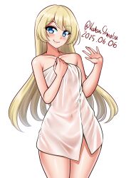 1girl absurdres alternate_hairstyle arm_up artist_name blonde_hair blue_eyes blush breasts closed_mouth covered_navel cowboy_shot dated highres holding holding_towel jervis_(kancolle) kantai_collection katou_shinobu long_hair looking_at_viewer naked_towel simple_background smile solo towel twitter_username waving wet_towel white_background