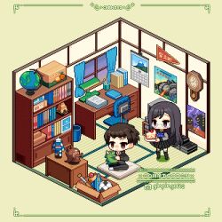 1boy 1girl animated animated_gif bedroom black_hair book bookshelf brown_eyes brown_hair cake chansui_(ginping0602) chibi chibi_only curtains food gakuran glasses globe holding holding_plate indoors juusan_kihei_bouei_ken kurabe_juurou plate pleated_skirt poster_(object) school_uniform serafuku skirt stuffed_animal stuffed_toy window yakushiji_megumi