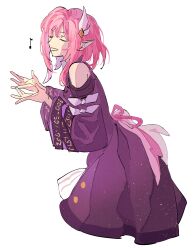 1girl :d absurdres bare_shoulders closed_eyes commentary cyrene_(honkai:_star_rail) dress hair_ornament highres honkai:_star_rail honkai_(series) long_sleeves musical_note off-shoulder_dress off_shoulder open_mouth pink_hair purple_dress sam_(cs_ao3) short_hair simple_background smile solo symbol-only_commentary white_background wide_sleeves