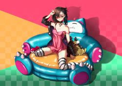 1girl absurdres asymmetrical_bangs black_choker black_hair black_jacket black_nails blush breasts choker closed_mouth clothes_pull collarbone commentary_request couch cyberick dress dress_pull gen_1_pokemon gen_8_pokemon green_eyes hair_ribbon half-closed_eyes hand_up highres inflatable_chair jacket jacket_pull jewelry marnie_(pokemon) messy_hair morpeko morpeko_(full) multicolored_background nail_polish nintendo one_eye_closed pendant pendant_choker pink_dress poke_ball poke_ball_(basic) pokemon pokemon_(creature) pokemon_swsh red_ribbon ribbon shadow short_dress single_bare_shoulder sitting sleeping sleepy small_breasts snoring snorlax strap_pull strap_slip striped_clothes striped_thighhighs thighhighs thighs twintails two_side_up waking_up wariza white_thighhighs