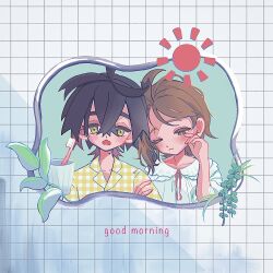 1boy 1girl black_hair blush brown_eyes brown_hair commentary_request crossed_bangs cup english_text hetero highres hoppe_puni juliana_(pokemon) kieran_(pokemon) messy_hair mirror mole mole_on_neck multicolored_hair nintendo one_eye_closed open_mouth pajamas plant pokemon pokemon_sv purple_hair tile_wall tiles toothbrush upper_body white_pajamas yellow_eyes yellow_pajamas