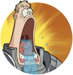 1boy armor blonde_hair drooling dungeon_meshi jcm2 laios_touden looking_to_the_side lower_teeth_only male_focus matching_hair/eyes open_mouth parody patrick_star plate_armor saliva short_hair simple_background solo spongebob_squarepants_(series) teeth tongue upper_body uvula white_background wide-eyed wide_mouth yellow_eyes