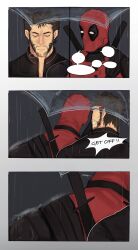 2boys anger_vein back beard blank_eyes bodysuit brown_hair closed_eyes closed_mouth deadpool deadpool_&amp;_wolverine deadpool_(series) english_text facial_hair facing_viewer from_behind hashtag-only_commentary highres holding holding_umbrella jacket katana leaning_on_person long_sleeves looking_at_another male_focus marvel marvel_cinematic_universe multiple_boys outdoors puff_of_air rain red_bodysuit red_mask shared_umbrella short_hair sigh speech_bubble superhero_costume sword sword_on_back teeth transparent transparent_umbrella umbrella wc2dh4ll weapon weapon_on_back wolverine_(x-men) x-men yaoi