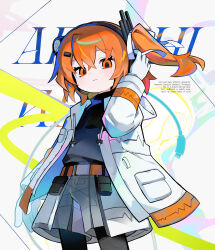 1girl a.i._voice absurdres adachi_rei black_pantyhose black_shirt character_name closed_mouth commentary cowboy_shot english_text gloves grey_shorts hair_ribbon hand_up headset highres jacket long_sleeves looking_at_viewer morizo_(morizoshop) one_side_up open_clothes open_jacket orange_eyes orange_hair pantyhose pantyhose_under_shorts ribbon shirt short_hair shorts solo symbol-only_commentary utau white_gloves white_jacket white_ribbon