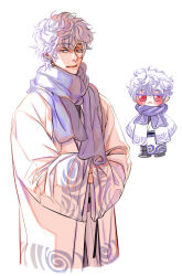1boy blue_scarf blush chibi chibi_inset commentary_request crossed_arms gintama hands_in_opposite_sleeves herendr5200_a highres japanese_clothes kimono looking_at_viewer male_focus messy_hair multiple_views sakata_gintoki scarf short_hair solo white_background white_hair white_kimono