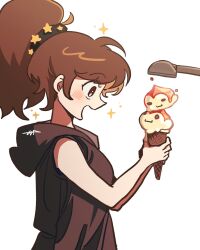 1girl animal-themed_food black_eyes black_hoodie black_shirt brown_hair commentary dessert food highres holding holding_food holding_ice_cream hood hood_down hoodie ice_cream ice_cream_cone ice_cream_scoop_(utensil) idol_(rhythm_tengoku) jangbar_rhythm light_blush looking_at_food monkey_(rhythm_tengoku) ponytail rhythm_tengoku shirt simple_background sleeveless smile sparkle star_(symbol) white_background